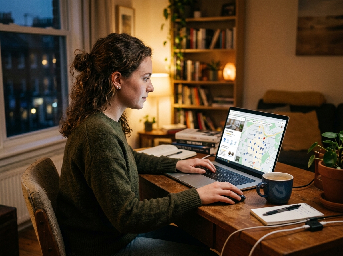 Person researching apartment reviews and ratings online at home