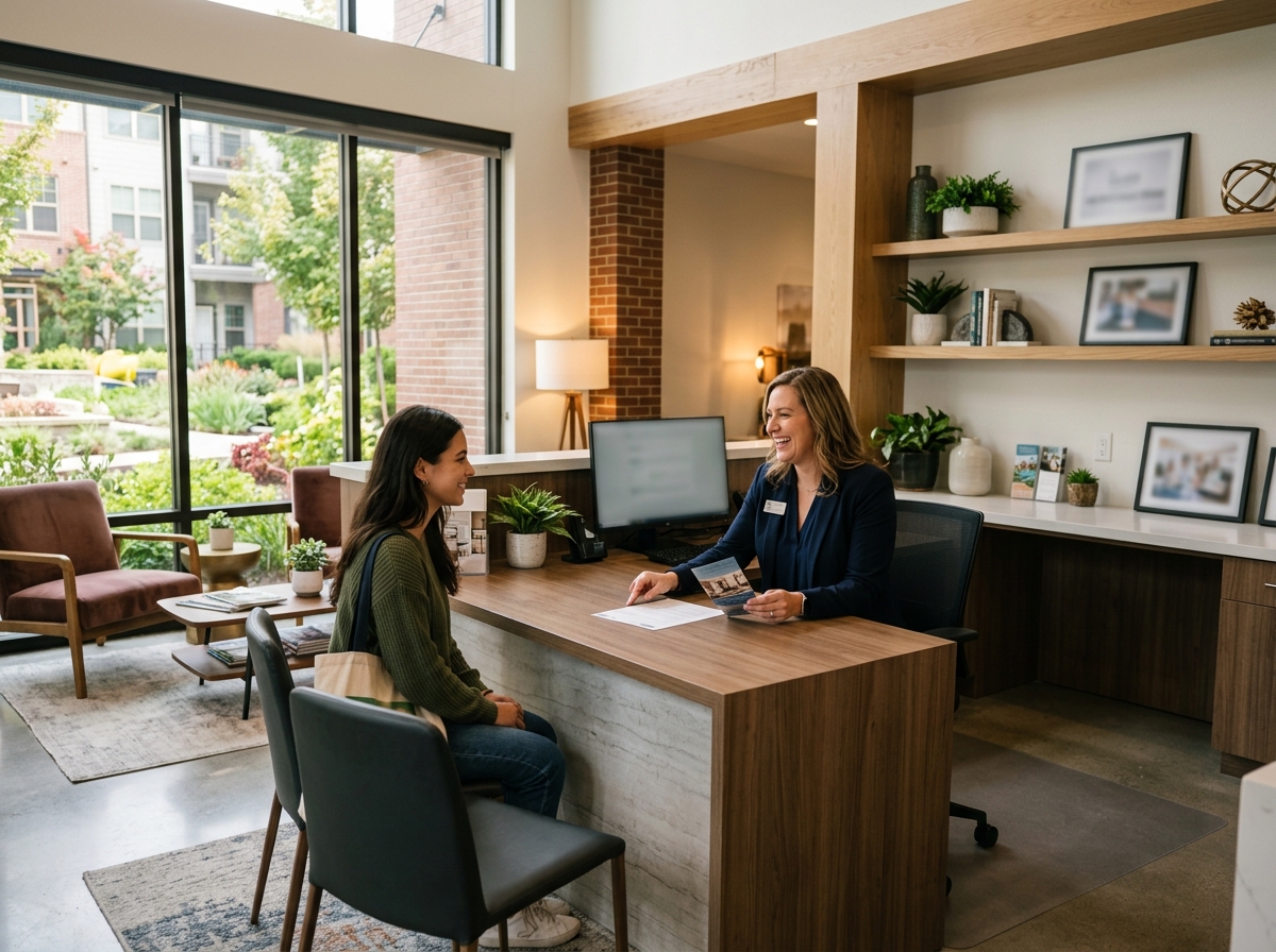 Friendly leasing office staff helping a visitor at an apartment community