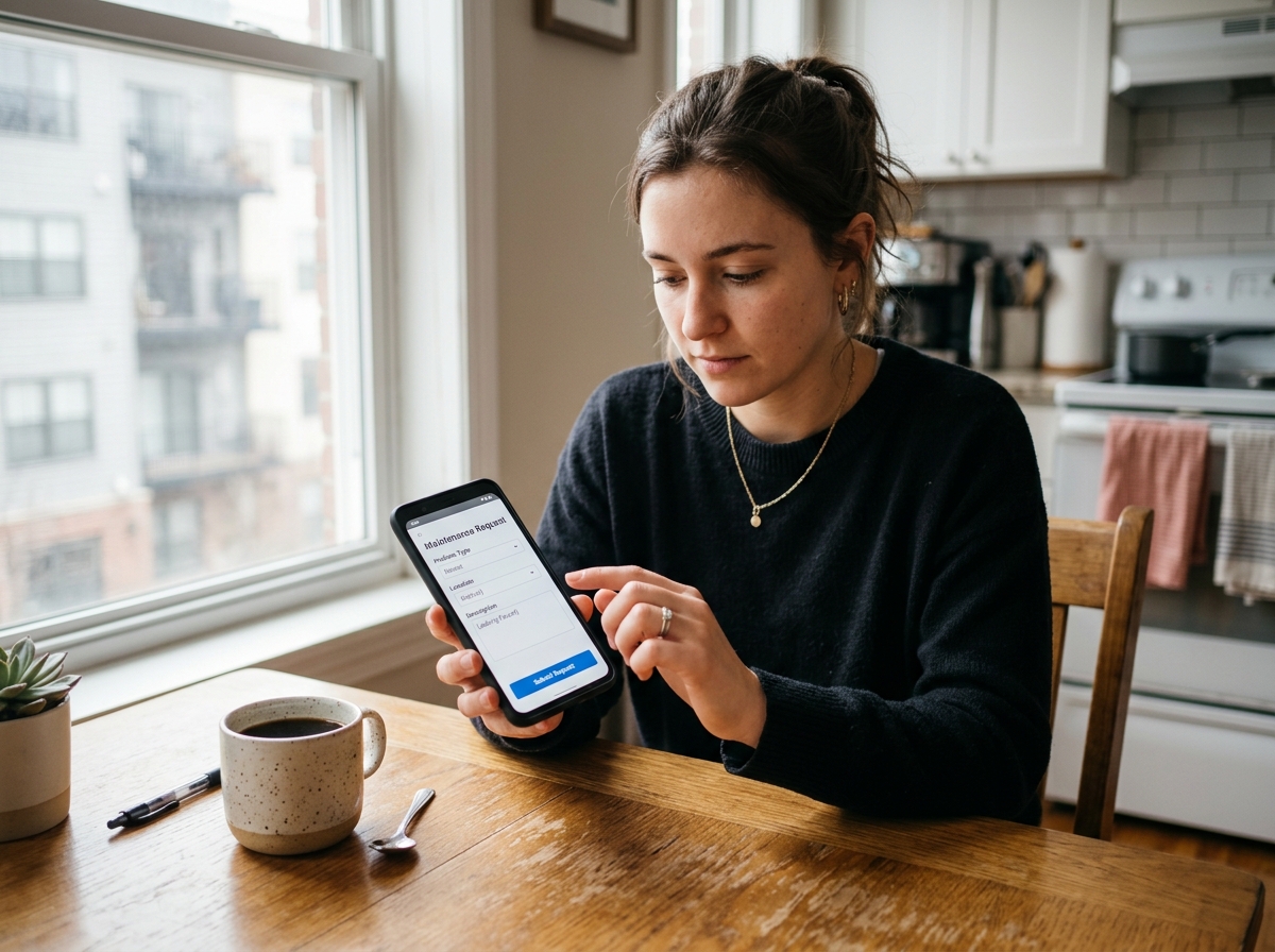 Resident submitting a maintenance request through a smartphone app